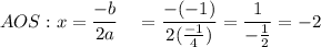 AOS: x=\dfrac{-b}{2a}\quad =\dfrac{-(-1)}{2(\frac{-1}{4})}=\dfrac{1}{-\frac{1}{2}}=-2