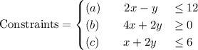 \text{Constraints} = \begin{cases}(a)\qquad 2x - y  & \leq 12\\(b)\qquad 4x+ 2y & \geq 0\\(c) \qquad x + 2y  & \leq 6\\ \end{cases}