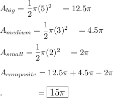 A_{big}=\dfrac{1}{2}\pi (5)^2\quad =12.5\pi\\\\A_{medium}=\dfrac{1}{2}\pi (3)^2\quad =4.5\pi\\\\A_{small}=\dfrac{1}{2}\pi (2)^2\quad =2\pi\\\\A_{composite} =12.5\pi+4.5\pi -2\pi\\\\.\qquad \qquad =\large\boxed{15\pi}