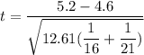 t = \dfrac{5.2- 4.6}{\sqrt{12.61( \dfrac{1}{16}+\dfrac{1}{21})}}