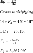 \frac{450}{14} = \frac{F2}{167}\\  \\Cross\ multiplying\\\\14*F_2 = 450*167\\\\14F_2 = 75,150\\\\F_2 = \frac{75,150}{14} \\\\F_2 = 5,367.9N