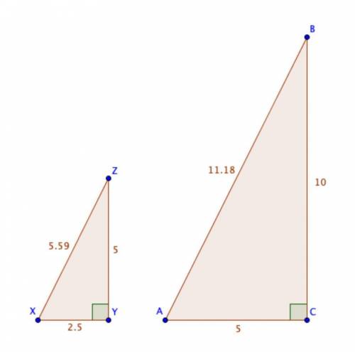 Triangle XYZ was dilated by a scale factor of 2 to create triangle ACB and tan ∠X = 5 over 2 and 5 t