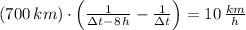(700\,km)\cdot \left(\frac{1}{\Delta t - 8\,h}-\frac{1}{\Delta t}  \right) = 10\,\frac{km}{h}
