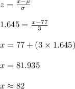z=\frac{x-\mu}{\sigma}\\\\1.645=\frac{x-77}{3}\\\\x=77+(3\times 1.645)\\\\x=81.935\\\\x\approx 82