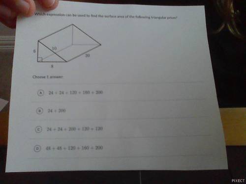Which expression can be used to find the surface area of the following triangular prism? *picture of