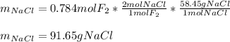 m_{NaCl}=0.784molF_2*\frac{2molNaCl}{1molF_2} *\frac{58.45gNaCl}{1molNaCl} \\\\m_{NaCl}=91.65gNaCl