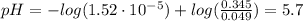 pH = -log(1.52 \cdot 10^{-5}) + log(\frac{0.345}{0.049}) = 5.7