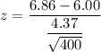 z= \dfrac{6.86 - 6.00}{\dfrac{4.37}{\sqrt {400}}}