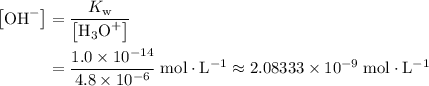 \begin{aligned}\left[\mathrm{OH}^{-}\right] &= \frac{K_\text{w}}{\rm \left[{H_3O}^{+}\right]} \\ &= \frac{1.0 \times 10^{-14}}{4.8 \times 10^{-6}}\; \rm mol\cdot L^{-1} \approx 2.08333 \times 10^{-9}\; \rm mol\cdot L^{-1}\end{aligned}