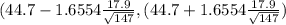 (44.7 - 1.6554 \frac{17.9}{\sqrt{147} } ,(44.7 + 1.6554 \frac{17.9}{\sqrt{147} })