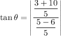 \tan \theta = \left|\dfrac{\dfrac{3+10}{5}}{\dfrac{5-6}{5}}\right|