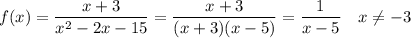f(x)=\dfrac{x+3}{x^2-2x-15}=\dfrac{x+3}{(x+3)(x-5)}=\dfrac{1}{x-5}\quad x\ne-3