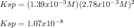 Ksp=(1.39x10^{-3}M)(2.78x10^{-3}M)^2\\\\Ksp=1.07x10^{-8}