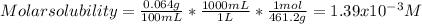 Molar solubility=\frac{0.064g}{100mL}*\frac{1000mL}{1L}*\frac{1mol}{461.2g}=1.39x10^{-3}M