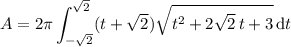 \displaystyle A=2\pi\int_{-\sqrt2}^{\sqrt2}(t+\sqrt 2)\sqrt{t^2+2\sqrt 2\,t+3}\,\mathrm dt