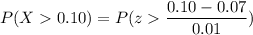 P(X  0.10) = P(z  \dfrac{0.10 - 0.07}{0.01} )