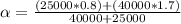 \alpha  =  \frac{ (25000 * 0.8) + ( 40000* 1.7 ) }{40000 + 25000}