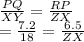 \frac{PQ}{XY} =\frac{RP}{ZX} \\=\frac{7.2}{18}=\frac{6.5}{ZX}