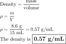 \text{Density} = \dfrac{\text{mass}}{\text{volume}}\\\\\rho = \dfrac{m}{V}\\\\\rho = \dfrac{\text{8.6 g}}{\text{15 mL}} = \text{0.57 g/mL}\\\text{The density is $\large \boxed{\textbf{0.57 g/mL}}$}