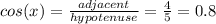 cos(x)=\frac{adjacent}{hypotenuse}= \frac{4}{5} =0.8