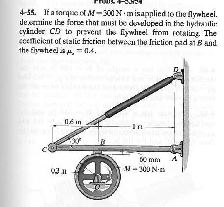 If a torque of M = 300 N⋅m is applied to the flywheel, determine the force that must be developed in