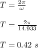 T = \frac{2\pi  }{\omega} \\\\T = \frac{2\pi }{14.933} \\\\T = 0.42 \ s