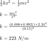 \frac{1}{2} kx^2 = \frac{1}{2} mv^2\\\\k = \frac{mv^2}{x^2} \\\\k = \frac{(0.008 + 0.992))\times 2.24^2}{(0.15)^2} \\\\k = 223 \ N/m