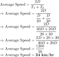 \text{Average Speed} = \dfrac{2D}{T_1+T_2}}\\\Rightarrow \text{Average Speed} = \dfrac{2D}{\dfrac{D}{20}+\dfrac{D}{30}}}\\\Rightarrow \text{Average Speed} = \dfrac{2D}{\dfrac{30D+20D}{20\times 30}}\\\Rightarrow \text{Average Speed} = \dfrac{2D\times 20 \times 30}{{30D+20D}}\\\Rightarrow \text{Average Speed} = \dfrac{1200}{{50}}\\\Rightarrow \bold{\text{Average Speed} = 24\ km/hr}