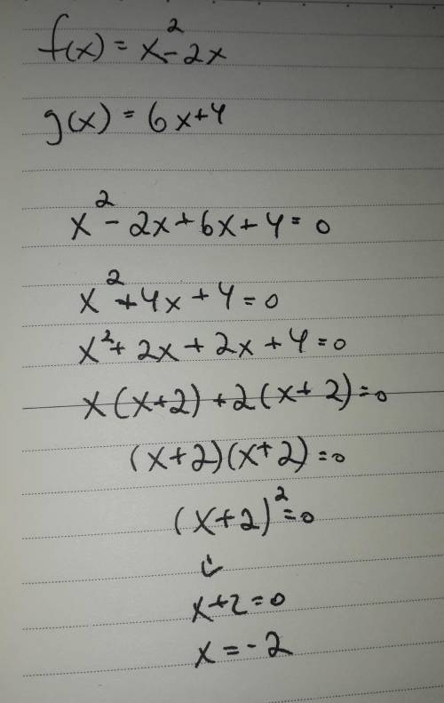 If f(x) = x2 – 2x and g(x) = 6x + 4, for which value of x does (f+g)(x) = 0?

O -4
O-2
O 2
O 4