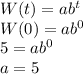 W(t)=ab^t\\W(0)=ab^0\\5=ab^0\\a=5
