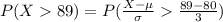 P(X89)=P(\frac{X-\mu}{\sigma}\frac{89-80}{3})