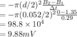 =-\pi(d/2)^2\frac{B_2-B_1}{\Delta t} \\=-\pi(0.052/2)^2\frac{0-1.35}{0.29} \\=98.8\times10^4\\=9.88 mV