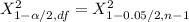 X^2_{1- \alpha/2 , df} = X^2_{1- 0.05/2 , n-1}