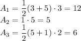 A_1=\dfrac{1}{2}(3+5)\cdot 3=12\\A_2=1\cdot5=5\\A_3=\dfrac{1}{2}(5+1)\cdot 2=6