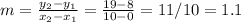m=\frac{y_2-y_1}{x_2-x_1}=\frac{19-8}{10-0}=11/10=1.1