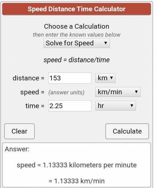 A car travels 153kilometer in 2.25hours. calculate the average speed in km/m