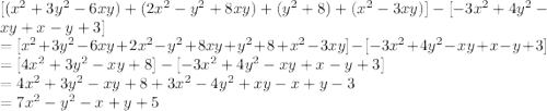 [(x^{2} + 3y^{2} - 6xy)+(2x^{2} - y^{2} + 8xy)+(y^{2} + 8)+(x^{2} - 3xy)] - [-3x^{2} + 4y^{2} - xy + x - y + 3]\\=[x^{2} + 3y^{2} - 6xy+2x^{2} - y^{2} + 8xy+y^{2} + 8+x^{2} - 3xy]- [-3x^{2} + 4y^{2} - xy + x - y + 3]\\=[4x^{2}+3y^{2}-xy+8]-[-3x^{2} + 4y^{2} - xy + x - y + 3]\\=4x^{2}+3y^{2}-xy+8+3x^{2}-4y^{2}+xy-x+y-3\\=7x^{2}-y^{2}-x+y+5