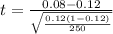 t =  \frac{0.08  -  0.12 }{ \sqrt{ \frac{0.12 (1-  0.12)}{250 } } }