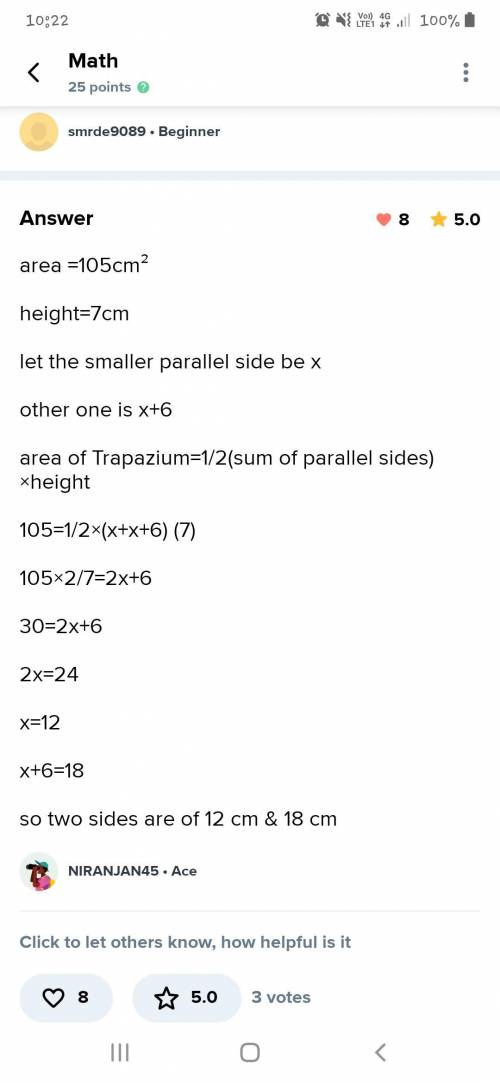 The area of a trapezium is 105cm² and its height is 7 cm. If one of the parallel sides is longer tha