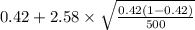 0.42 +2.58 \times {\sqrt{\frac{0.42(1-0.42)}{500} } }