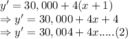 y'= 30,000 + 4(x+1)\\\Rightarrow y' = 30,000+4x+4\\\Rightarrow y' = 30,004+4x ..... (2)