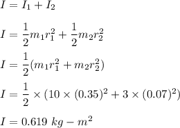 I=I_1+I_2\\\\I=\dfrac{1}{2}m_1r_1^2+\dfrac{1}{2}m_2r_2^2\\\\I=\dfrac{1}{2}(m_1r_1^2+m_2r_2^2)\\\\I=\dfrac{1}{2}\times (10\times (0.35)^2+3\times (0.07)^2)\\\\I=0.619\ kg-m^2