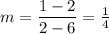 m=\dfrac{1-2}{2-6} = \frac{1}4