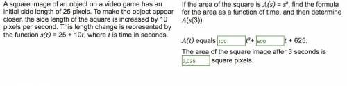 If the area of the square is A(s) = s², find the formula for the area as a function of time, and the