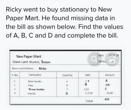 Ricky went to buy stationary to New Paper Mart. He found missing data in the bill as shown below. Fi