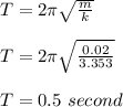 T = 2\pi\sqrt{\frac{m}{k} } \\\\T =  2\pi\sqrt{\frac{0.02}{3.353} } \\\\T = 0.5 \ second