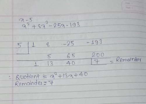 Find (x^3+8x^2-25x-193) divide by (x-5) using synthetic division.