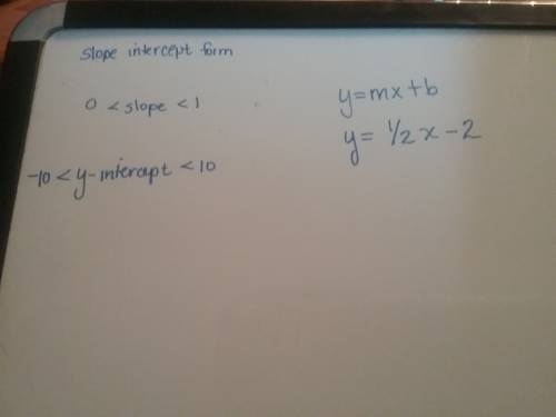 Write an equation in slope intercept form with a positive slope less than one and a y intercept betw