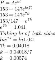 P = Ae^{kt}\\153 = 147e^{k(7)}\\153 = 147e^{7k}\\153/147 = e^{7k}\\e^{7k} = 1.041\\Taking \ ln \ of \ both \ sides\\lne^{7k} = ln 1.041\\7k = 0.04018\\k = 0.04018/7\\k = 0.00574