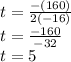 t=\frac{-(160)}{2(-16)}\\t=\frac{-160}{-32}\\t=5